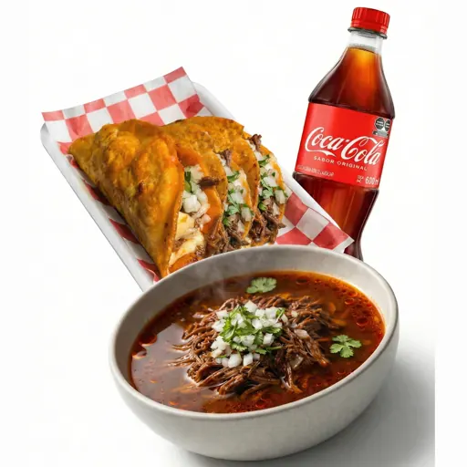 Combo clásico: charola de quesabirrias, refresco y consomé